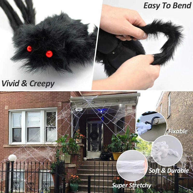 5m Spider Web 1.5m Big Plush Spider Decoration Furry Spider Set Outdoor Garden Courtyard Party Ornament Accessories Toys