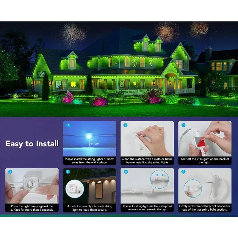 Outdoor Lights Permanent Smart RGBIC Eaves LED Lights Festival Flashing Lighting Fairy String for Christmas Holiday Decorations