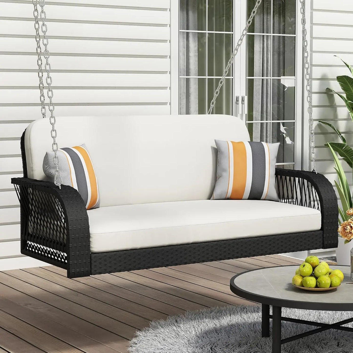 Porch Swing Loveseat, Outdoor Patio Furniture Rattan Wicker Swing Chair with Adjustable Chains, 2-Person Hanging Seat Porch
