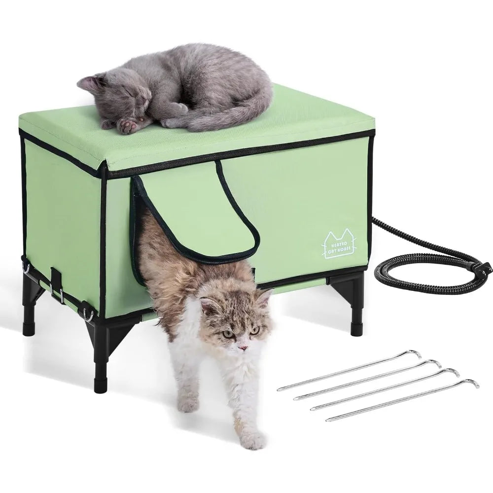 Elevated Heated Cat House, Cuboid Kitty Shelter, 900D Oxford Cloth Foldable Cat Shelter with Heated Pad for Winter to Stay Warm