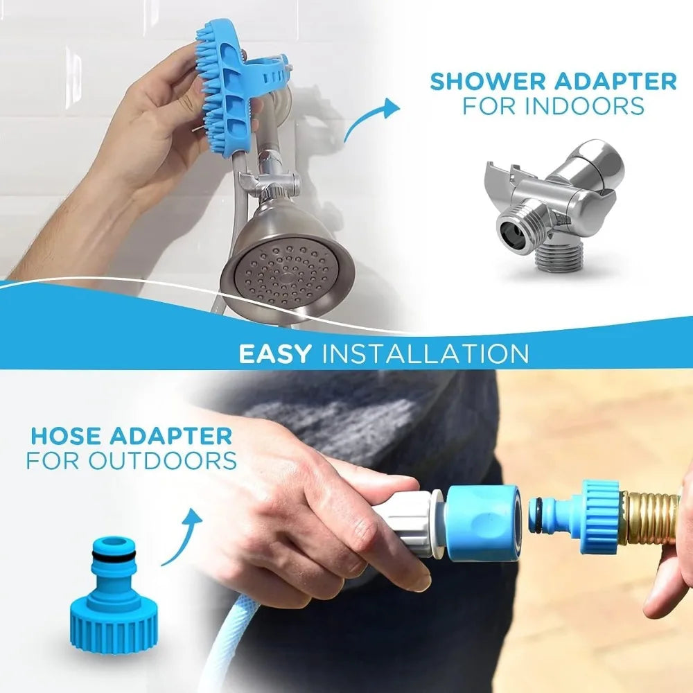Pet bath tool - large sprayer and scrubber in one - suitable for indoor showers or outdoor garden hoses