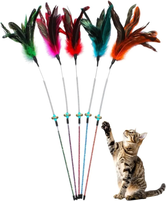 Cat Wand Toy Feather Sticks - 5 Piece Interactive Wands Toy Set with Feathers, Durable Spring Design - Perfect for Eng