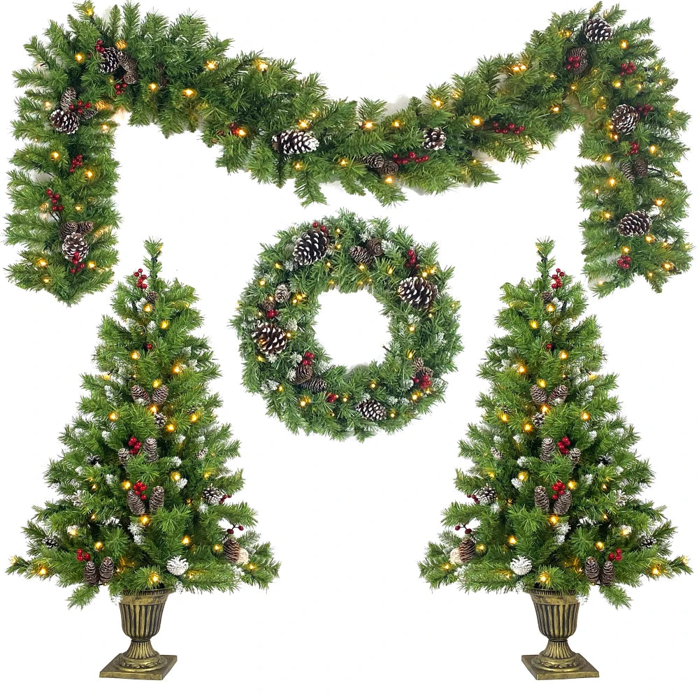 Pre-lit Xmas 4-Piece Set: Tree, Garland, Wreath, 2 Entrance Trees with LED Lights. Compact Decor Set.