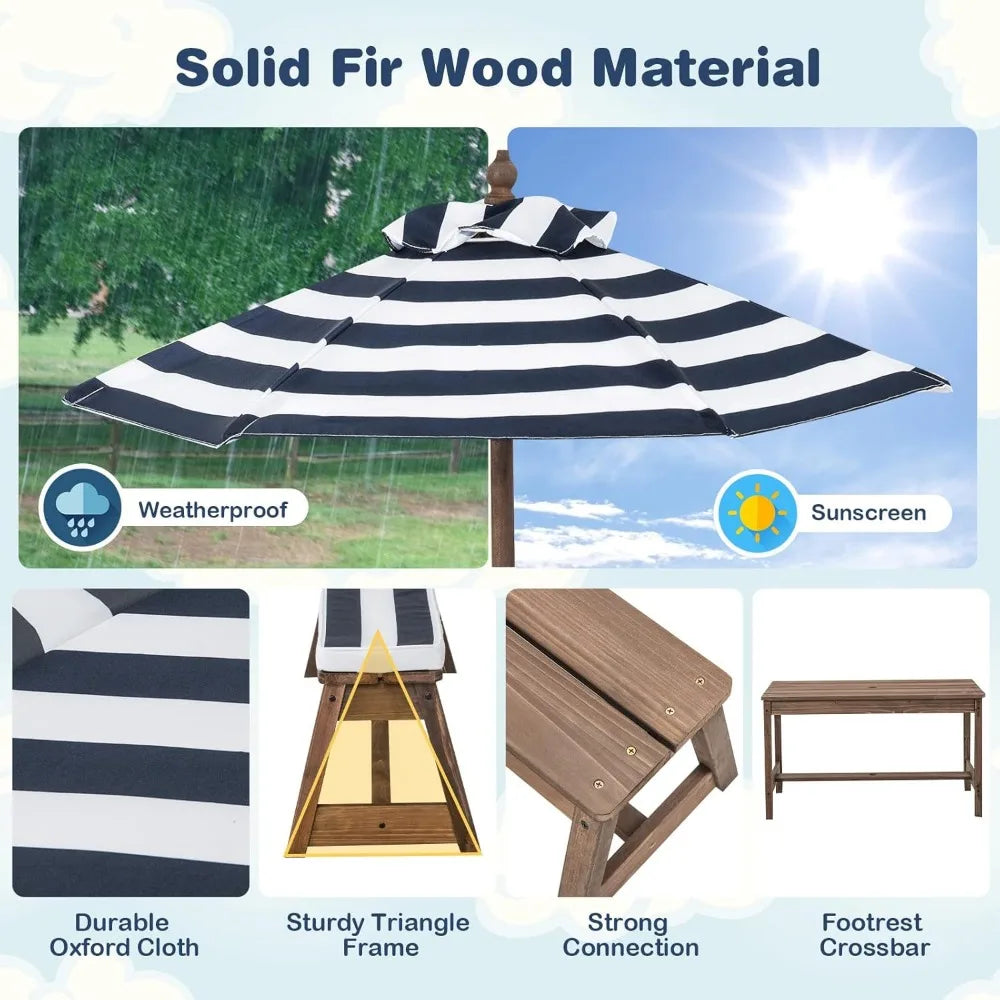 Kid Picnic Table, Outdoor Wooden Table & Bench Set w/Removable Cushions and Umbrella, Stripe Fabric, Children Backyard Furniture