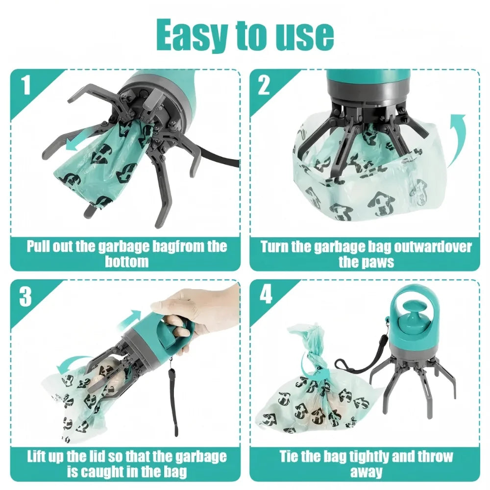 Portable Dog Poop Scooper with Leak-Proof Bag Dispenser, Durable Teal Claw, Compact Lightweight Design for Pet Waste Management.