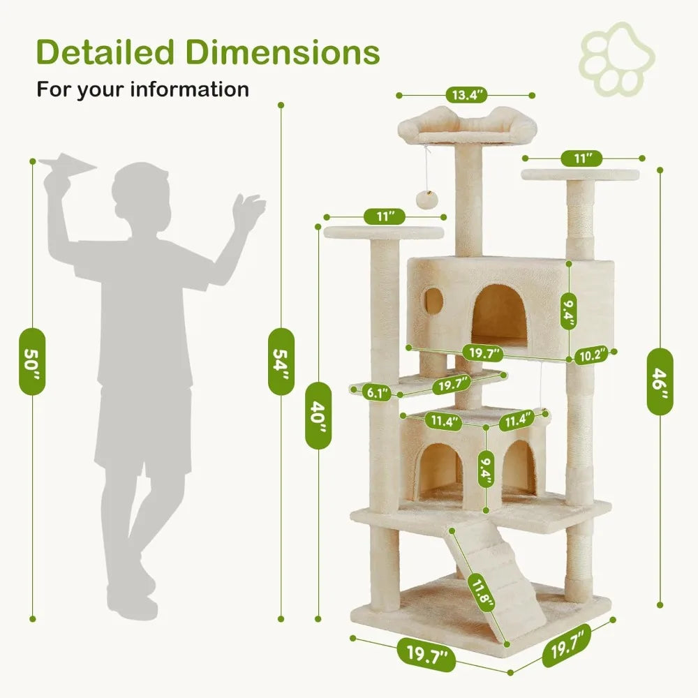 DUMOS 54-inch Indoor Cat Tree Tower –Multi-Level Pet House for Large Cats with 2 Condos, Scratching Posts, Round Platform, Small - Quick and EZ Shop