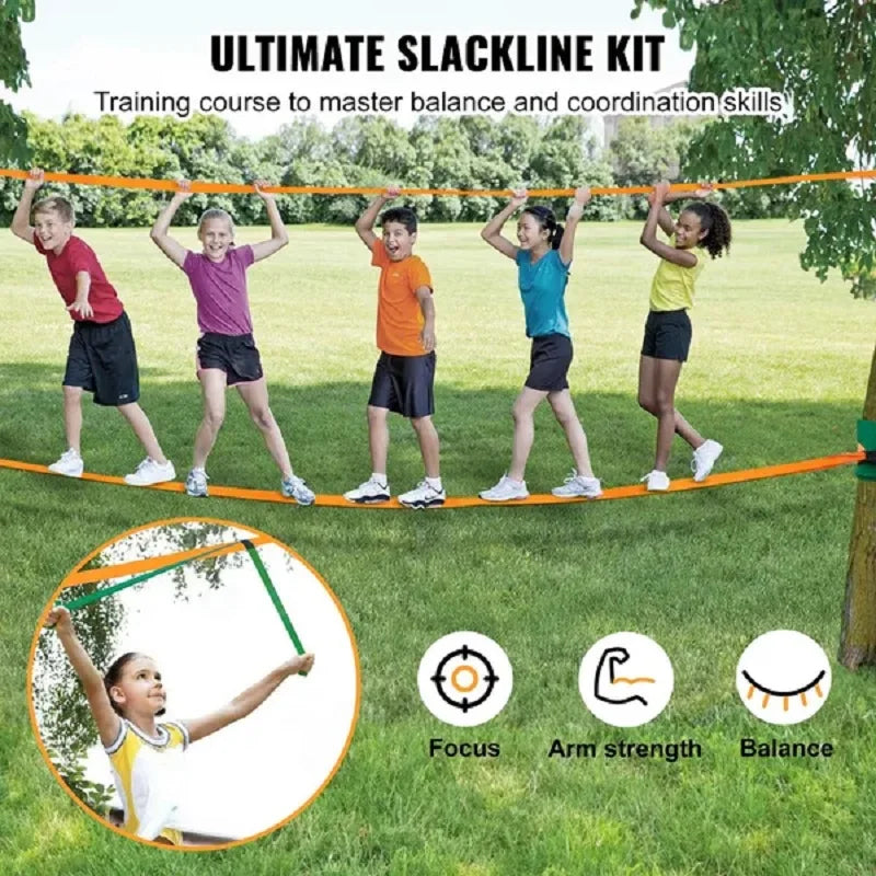 VEVOR Slackline Kit with Training Line, 60 ft Backyard Slack Line Equipment, Easy Setup Tight Rope for Kids Adults, Complete Sla