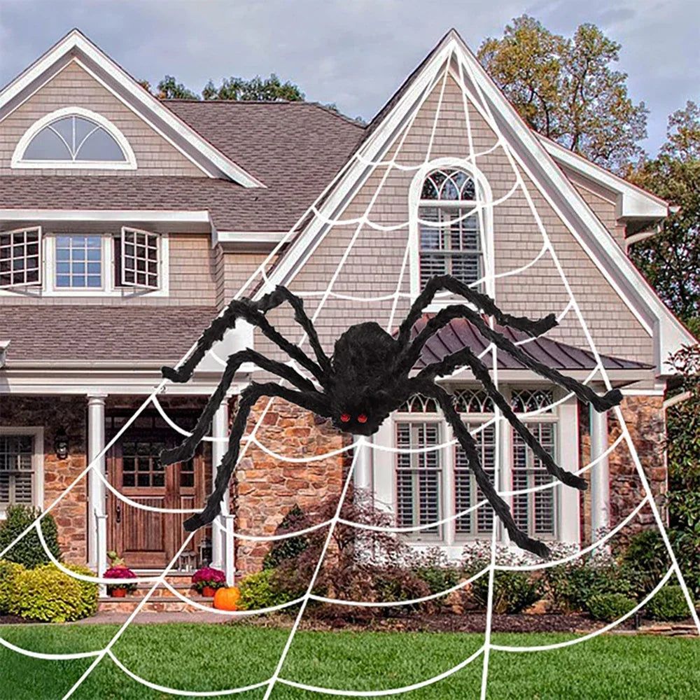 5m Spider Web 1.5m Big Plush Spider Decoration Furry Spider Set Outdoor Garden Courtyard Party Ornament Accessories Toys
