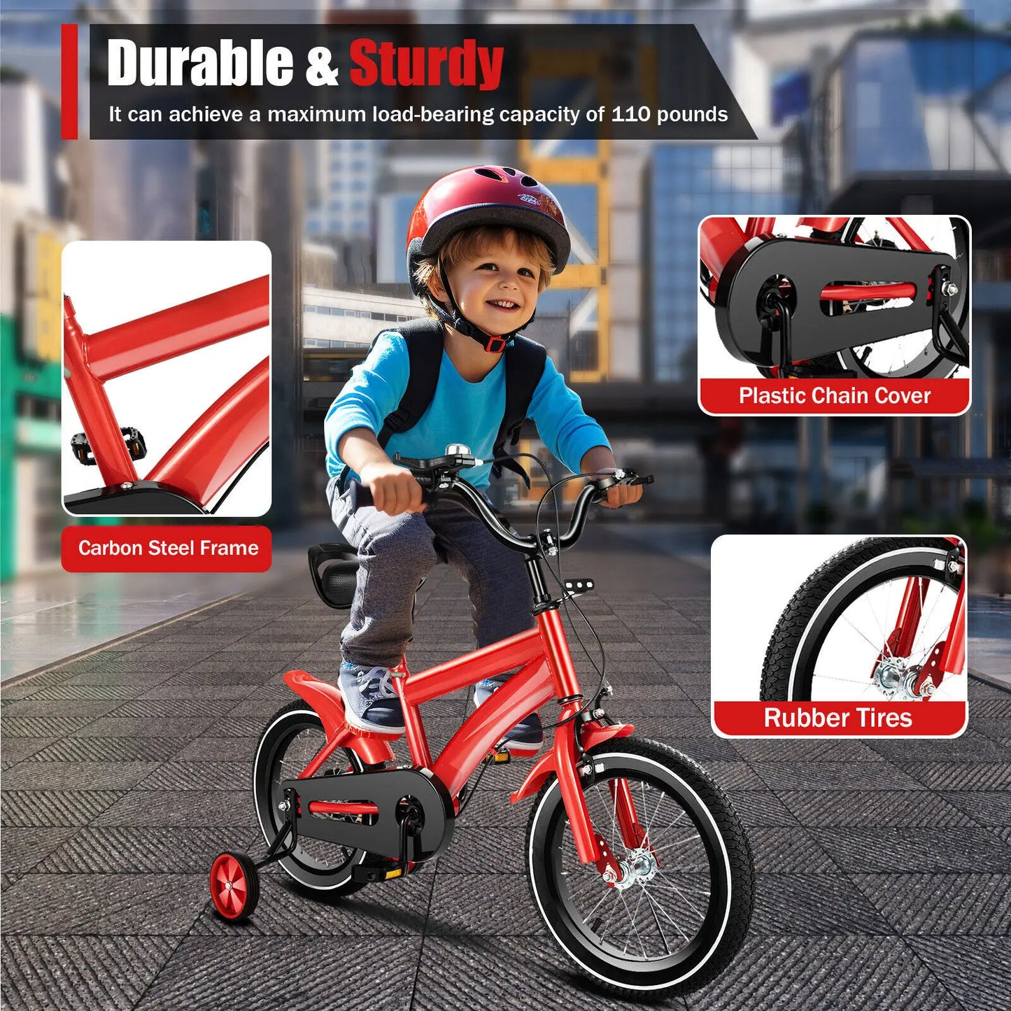 14" Children's Bicycle Kids Bike w/ Training Wheels Dual Brakes Child Bike for Boys Girls Age 3-6 Years Red