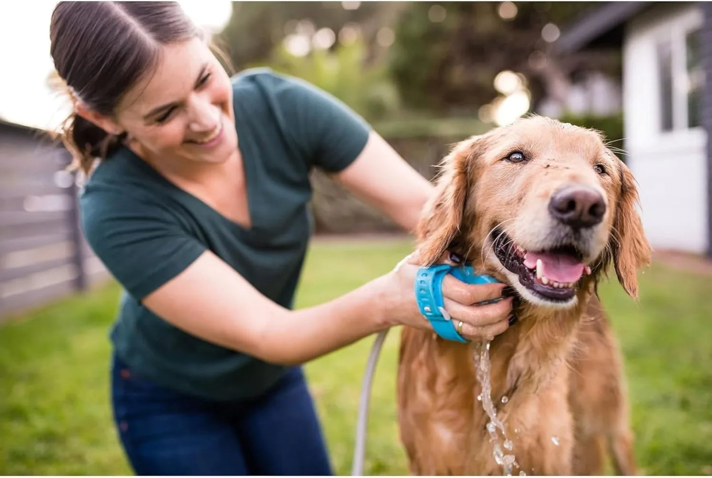 Pet bath tool - large sprayer and scrubber in one - suitable for indoor showers or outdoor garden hoses