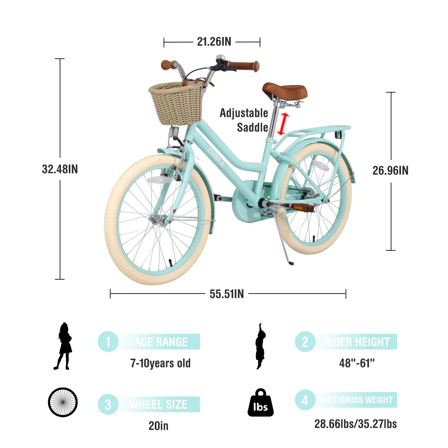 ZUKKA Green Pink White 20 Inch Bicycle for Children With Woven Basket Kids Bike for Girls For 7-10 years Old