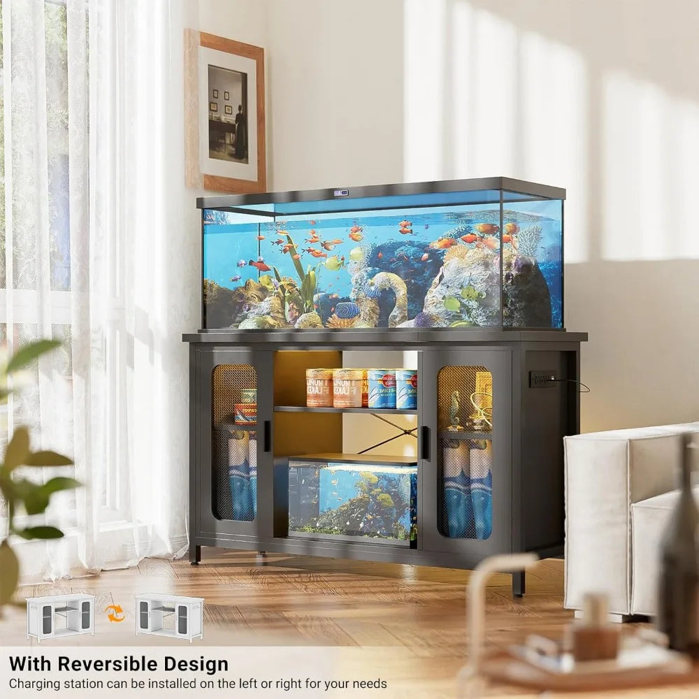 Reptile Tank Stand Fish Tank Stand with Power Outlets & LED Light, 55-75 Gallon Reversible Terrarium Stand with Cabinet