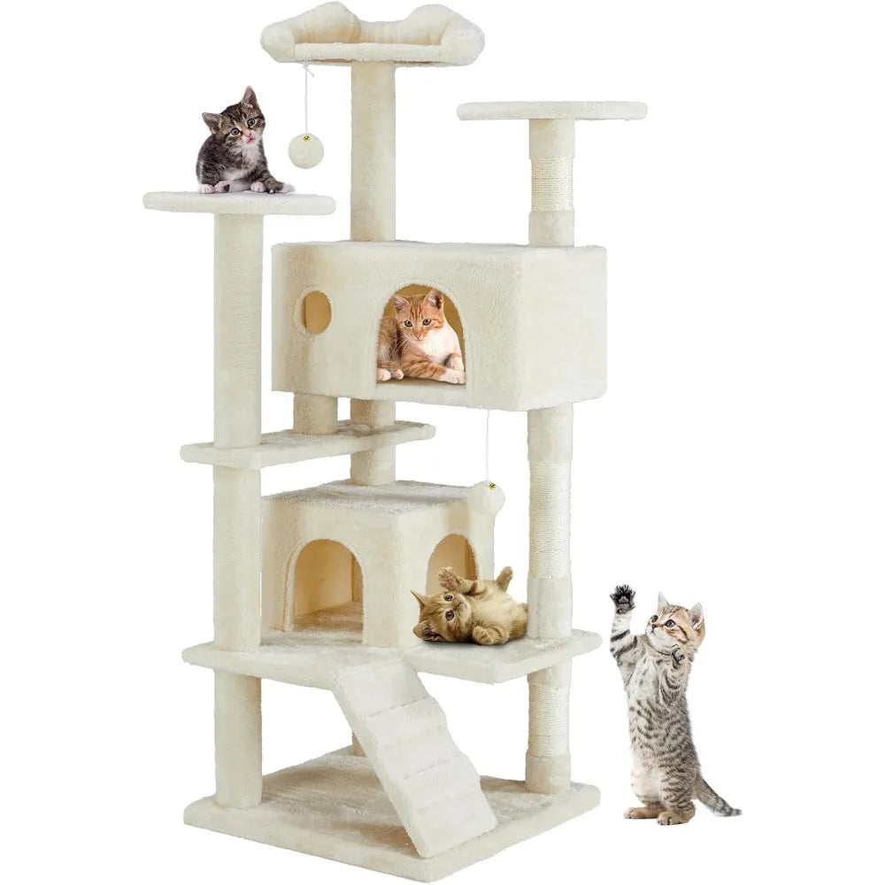 DUMOS 54-inch Indoor Cat Tree Tower –Multi-Level Pet House for Large Cats with 2 Condos, Scratching Posts, Round Platform, Small - Quick and EZ Shop