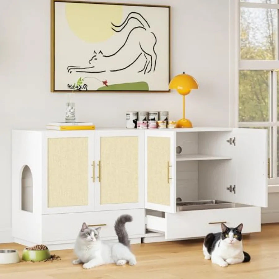 Tall Cat Litter Box Enclosure with Hidden Litter Drawer and Scratching Board Indoor Cat Furniture Cabinet for Living Room Hallw - Quick and EZ Shop