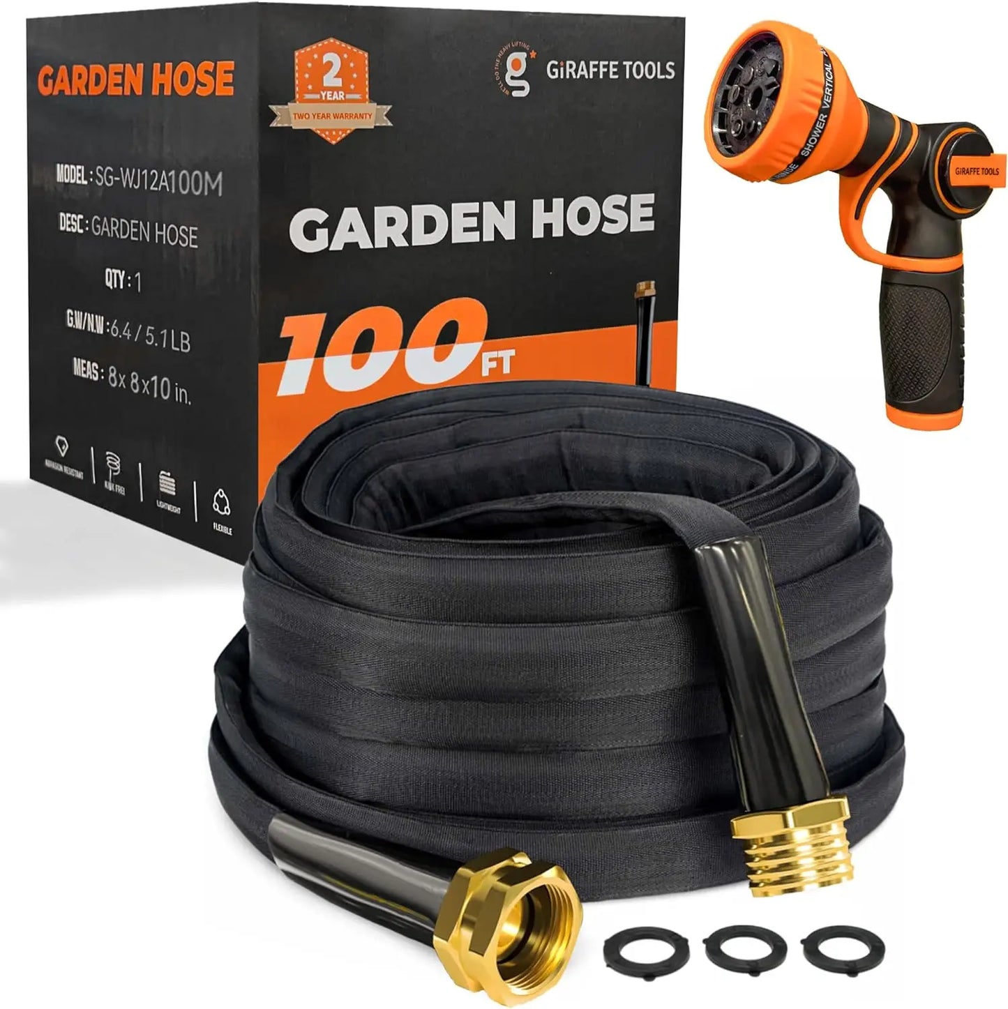 Giraffe Tools Garden Hose Lightweight Lay Flat Water Pipe Kink Free Flexible Hose with 9 Spray Function Nozzle(Black)