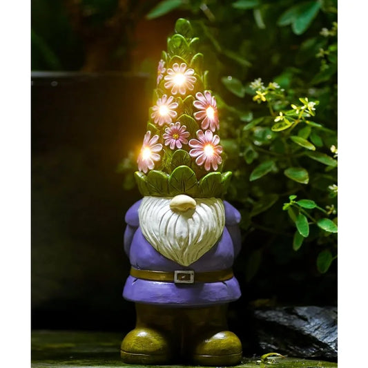 Solar Garden Outdoor Statues Gnome with Succulent and 7 LED Lights Lawn Decor Statue for Patio, Balcony, Yard Ornament