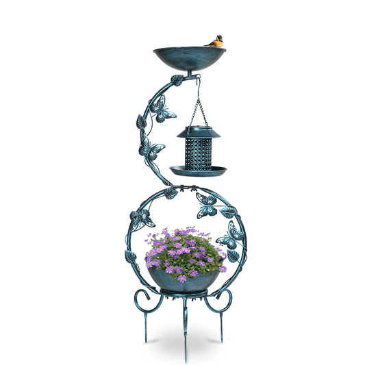 37.8" Bird Bath and Solar Bird Feeder Combo with Planter Base, Garden Patio Butterfly Decorative Birdbath, Antique Blue