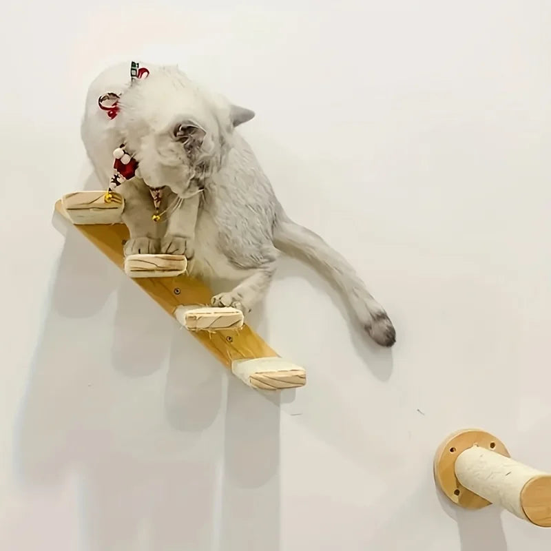 Wall Mounted Cat Tree Wooden Shelves Scratching Posts Climbing Cat Perches Hammock with Steps and Ladder Pet Wooden Furniture