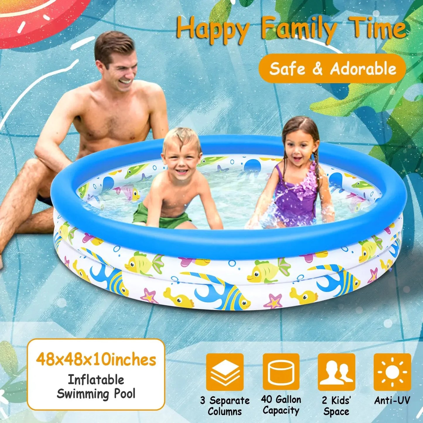 48x10” Inflatable Swimming Pool Blow Up Family Pool For 2 Kids Foldable Swim Ball Pool Center w/ 3 Velvets Water Drain Plug