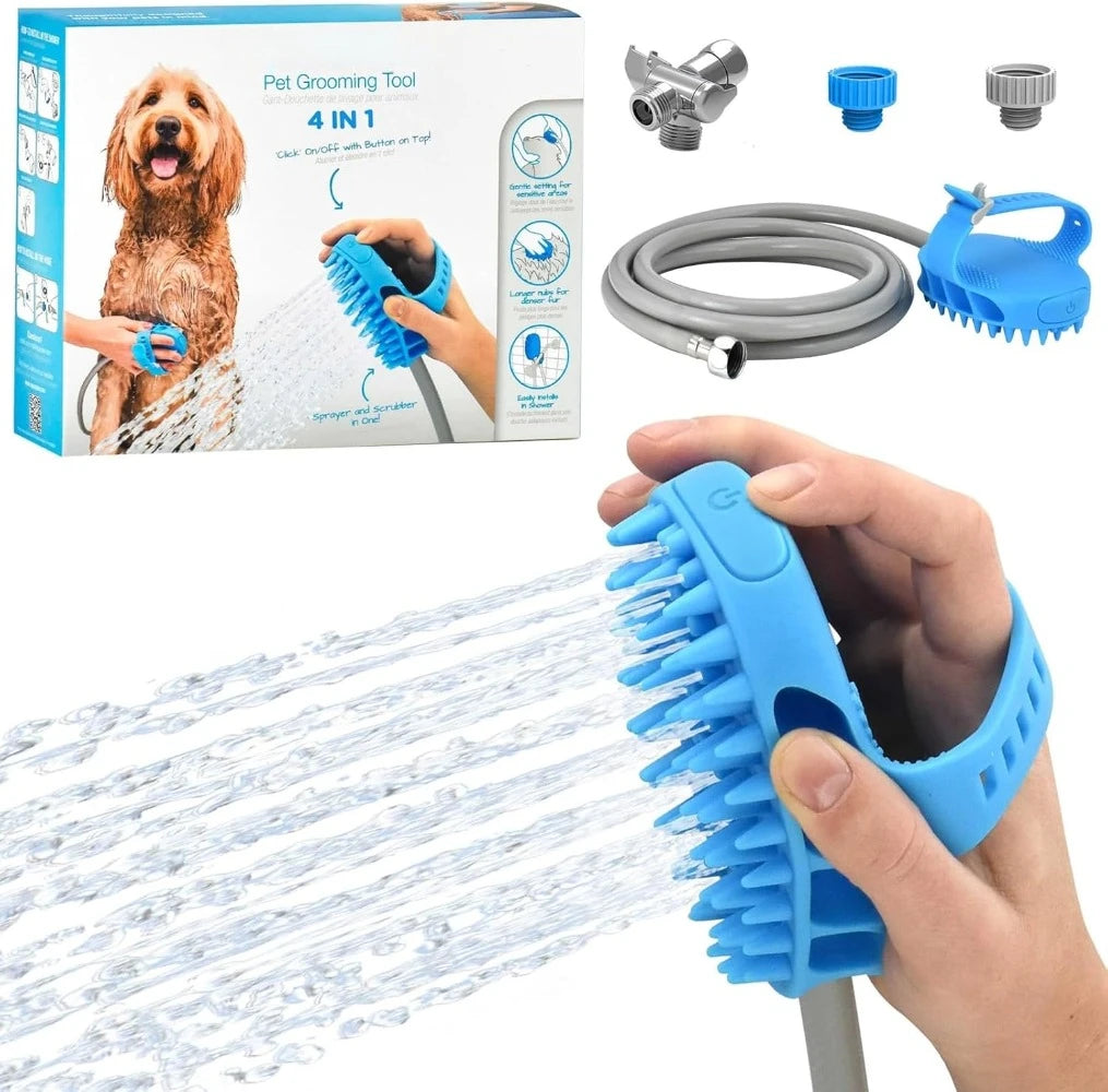 Pet bath tool - large sprayer and scrubber in one - suitable for indoor showers or outdoor garden hoses
