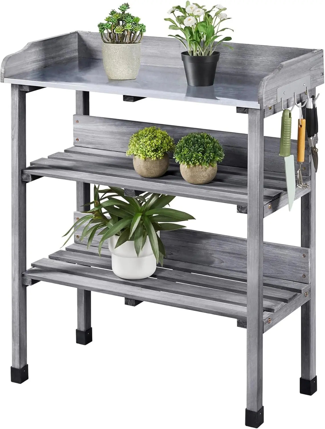 Garden Potting Table Horticulture Potting Bench w/Storage Shelf W/Metal Tabletop w/Hook 3 Shelves Workstation Work