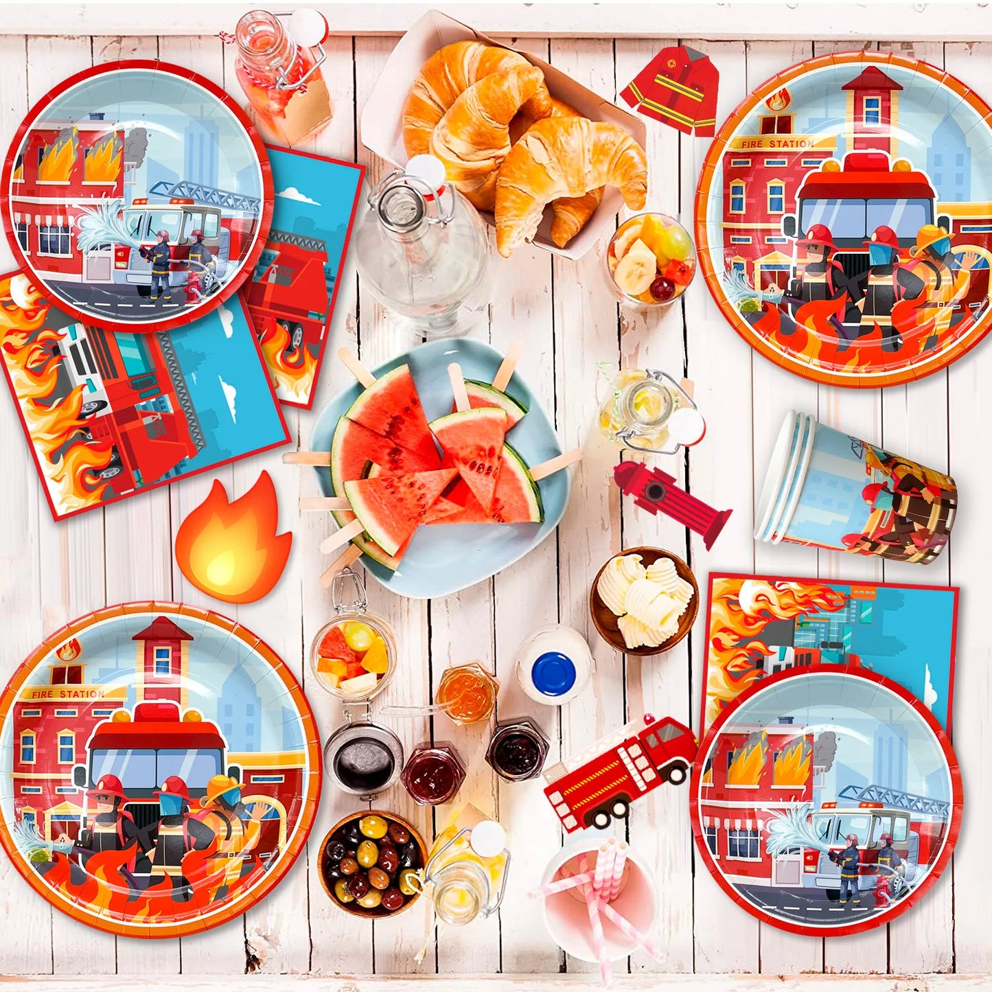 Fire Truck Birthday Party Supplies,70pcs Decorations&Tableware Set-Fire Truck Party Plates Cups Napkins&Themed Balloon Back etc