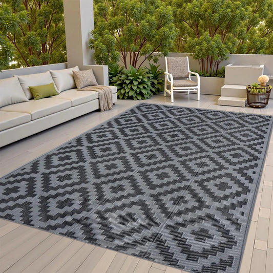 Black and Gray Cross PP Material Plastic Straw Patio Rugs Waterproof Reversible Outdoor Carpets Picnic Mats - Quick and EZ Shop