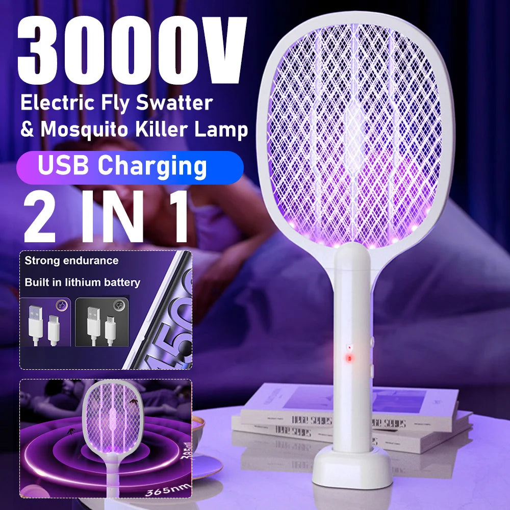 2 in 1 Electric Fly Swatter Handheld Fly Killer and Mosquito Trap Lamp Safe Rechargeable for Home Office Backyard Patio Camping