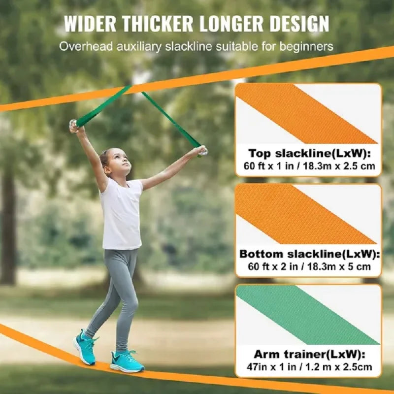 VEVOR Slackline Kit with Training Line, 60 ft Backyard Slack Line Equipment, Easy Setup Tight Rope for Kids Adults, Complete Sla