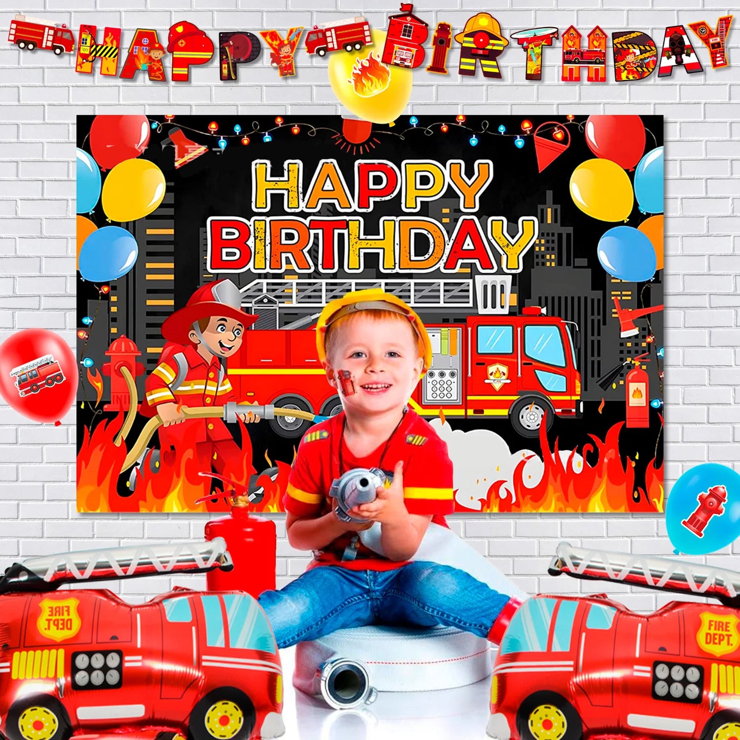 Fire Truck Birthday Party Supplies,70pcs Decorations&Tableware Set-Fire Truck Party Plates Cups Napkins&Themed Balloon Back etc