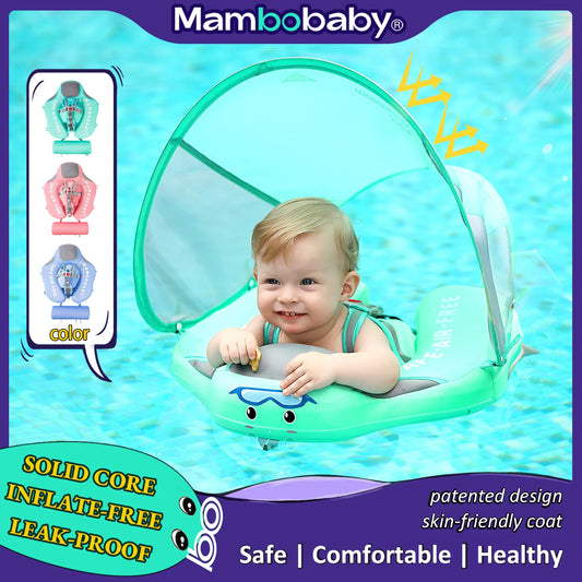 Mambobaby Baby Float with Sunshade Canopy and Crotch Strap Inflatable-free Safe Core Swimming Pool Accessory Bathroom Water Toy