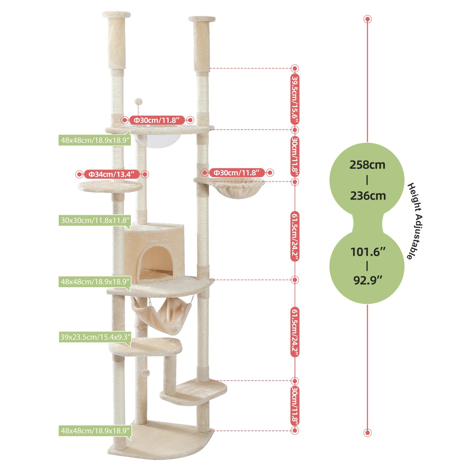 Floor to Ceiling Cat Tree with Sisal Scratching Posts Cozy Condo Hammock Adjustable Height Tall Cat Tower for Indoor Cat Toys - Quick and EZ Shop