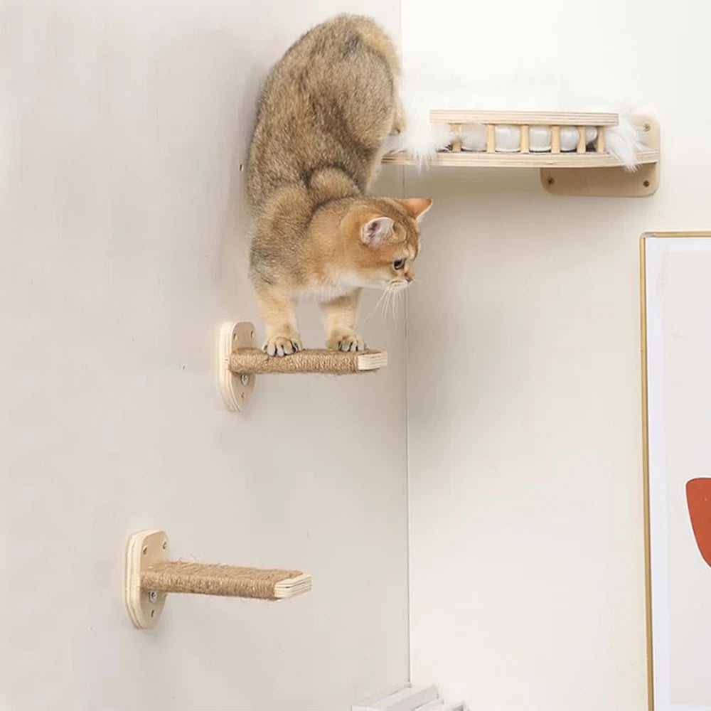 Wall Mounted Cat Tree Wooden Shelves Scratching Posts Climbing Cat Perches Hammock with Steps and Ladder Pet Wooden Furniture