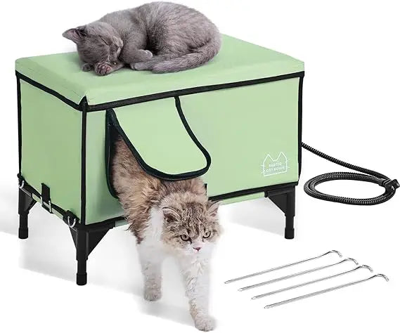 Elevated Heated Cat House, Cuboid Kitty Shelter, 900D Oxford Cloth Foldable Cat Shelter with Heated Pad for Winter to Stay Warm