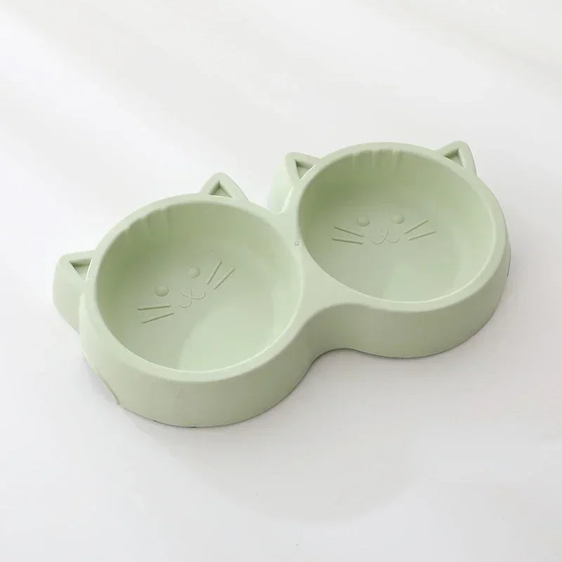 Pet Cat Double Bowl Eco-friendly PP Material Cartoon Cat Face Shape Food Water Feeding Bowl Non-slip Puppy Cat Feeder Supplies