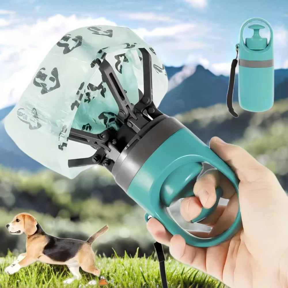 Portable Dog Poop Scooper with Leak-Proof Bag Dispenser, Durable Teal Claw, Compact Lightweight Design for Pet Waste Management.