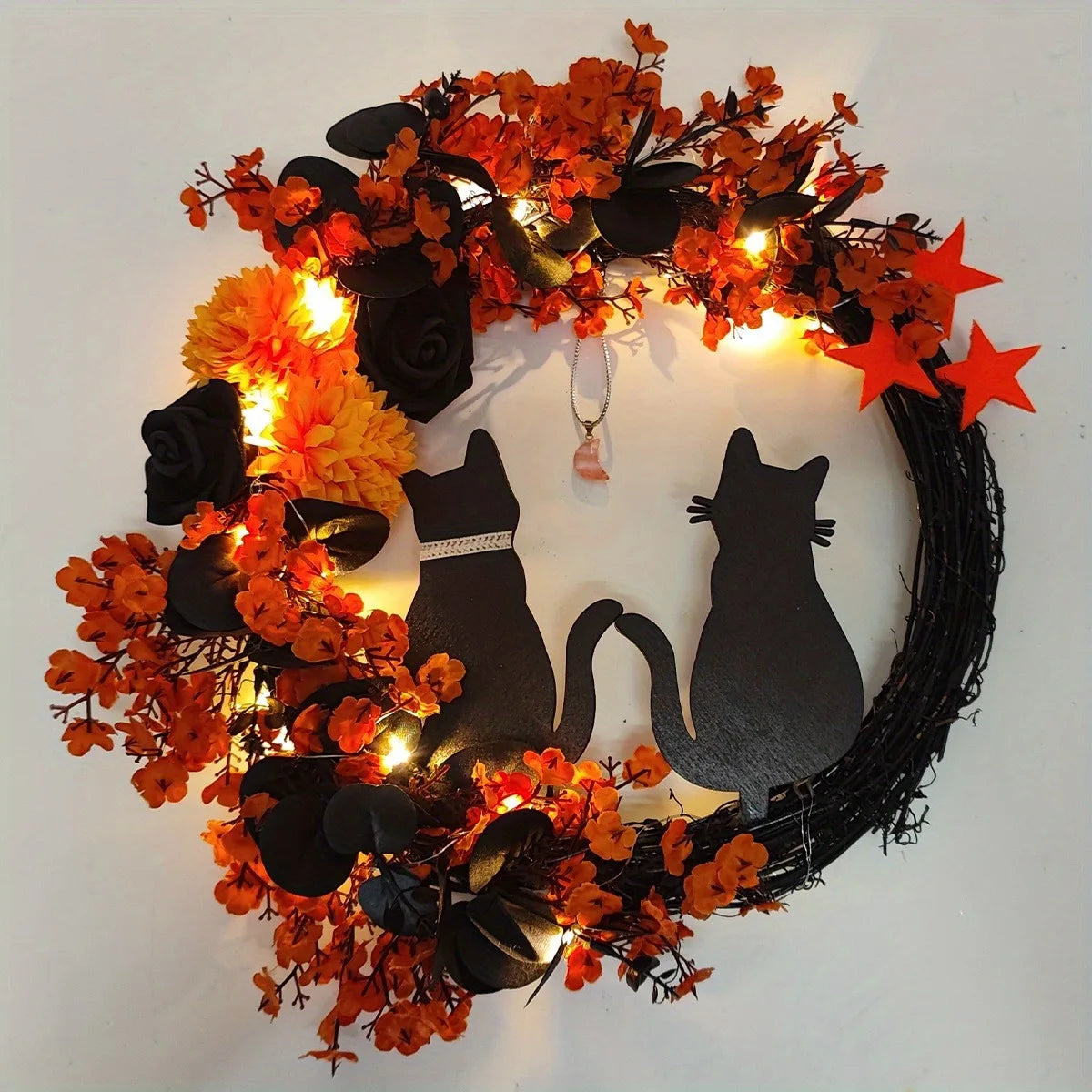Black Cat Wreath Halloween Decor for Home, Spooky Halloween Decorations Crescent Wreath for Front Door Window Home Holiday Party
