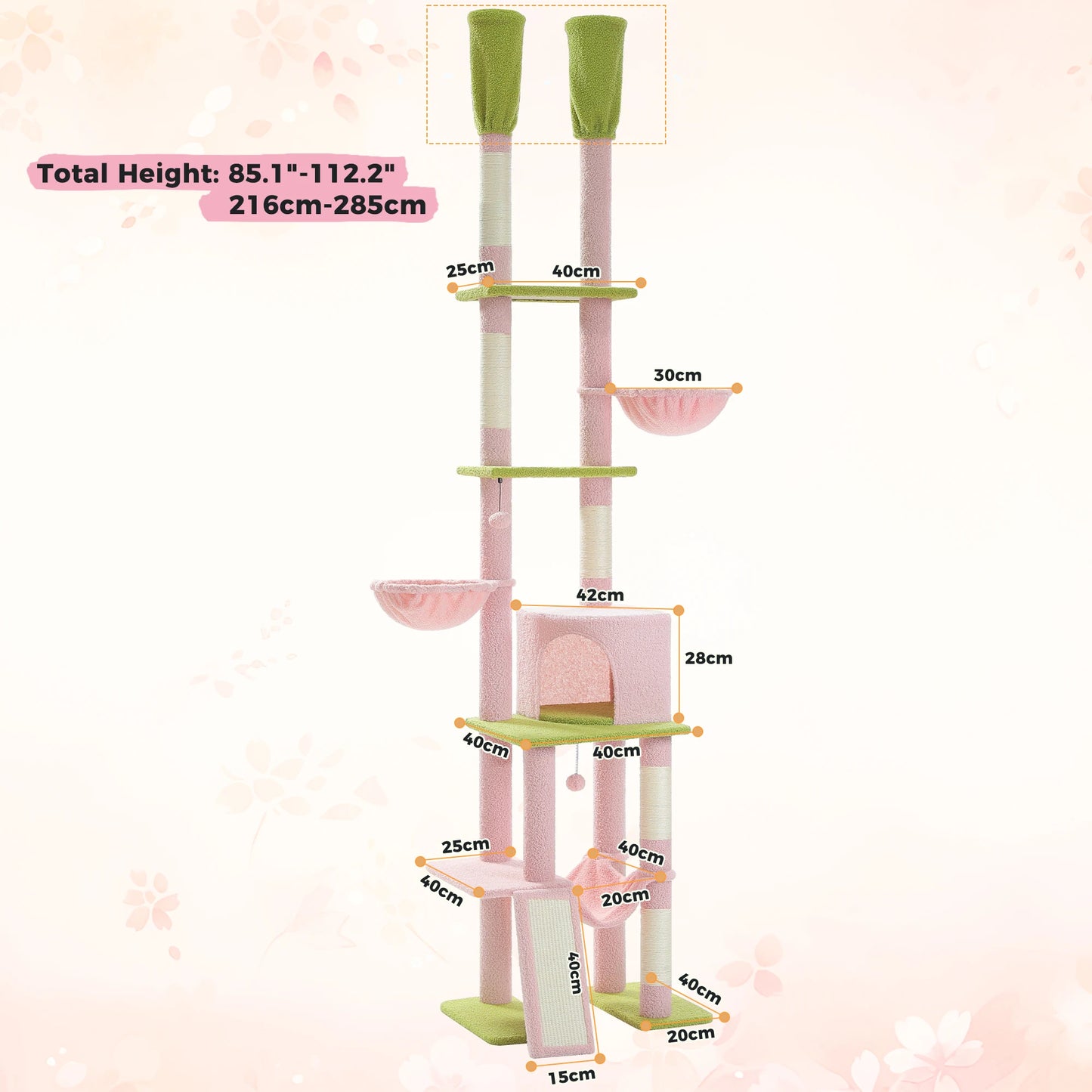 Floor to Ceiling Cat Tree with Sisal Scratching Posts Cozy Condo Hammock Adjustable Height Tall Cat Tower for Indoor Cat Toys - Quick and EZ Shop