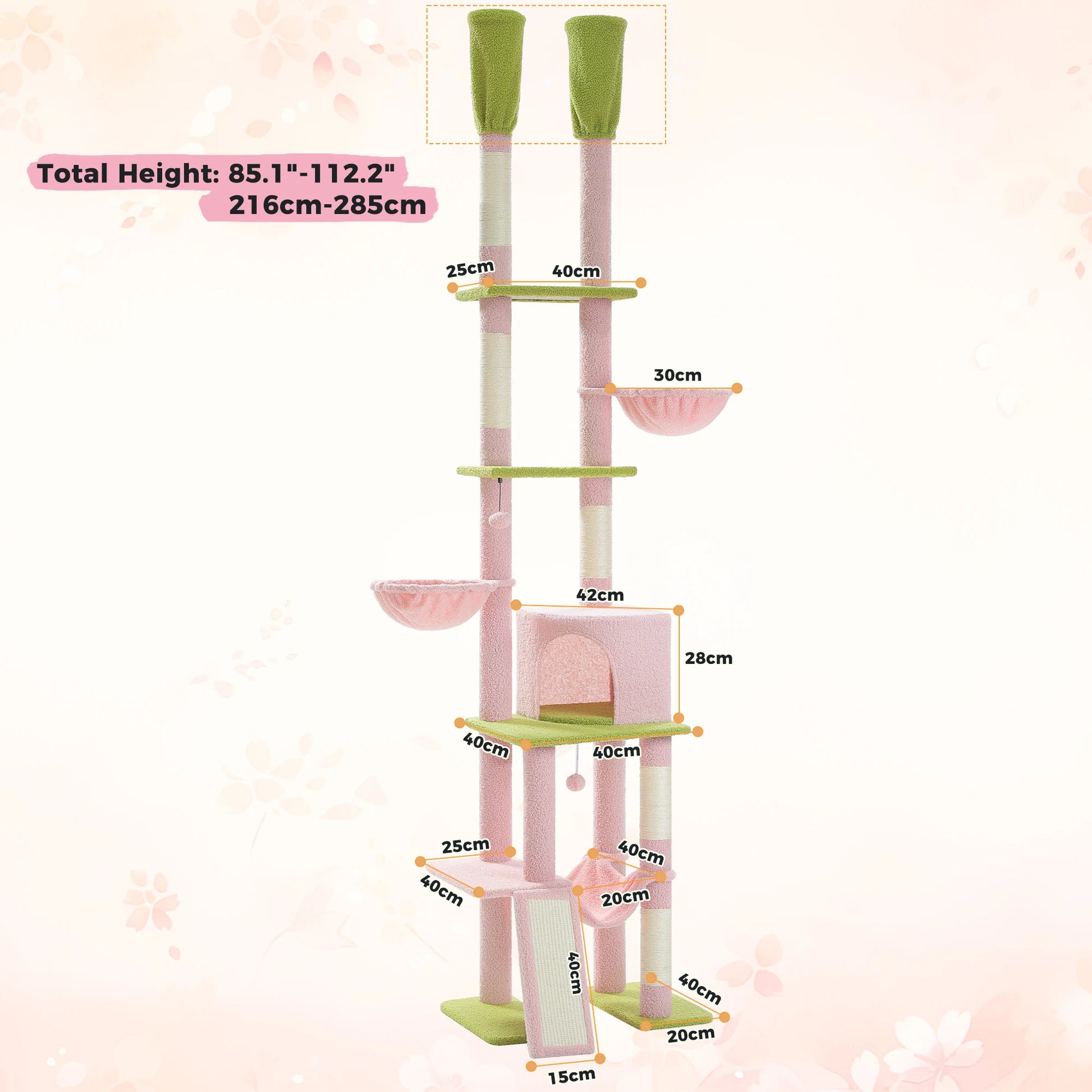 Floor to Ceiling Cat Tree with Sisal Scratching Posts Cozy Condo Hammock Adjustable Height Tall Cat Tower for Indoor Cat Toys - Quick and EZ Shop