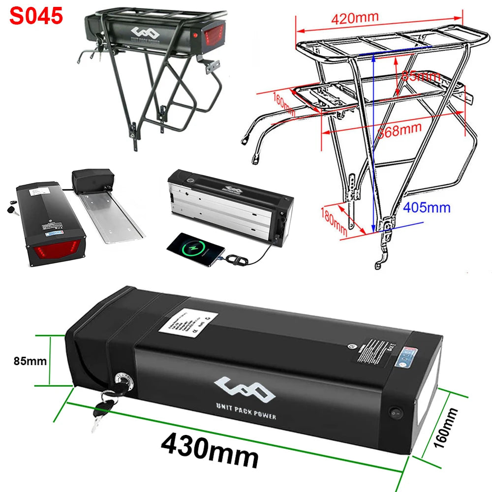 Rear Rack eBike Battery 21700 18650 52V 48V 28Ah 24Ah 20Ah With Double Luggage for 2000W 1500W 1000W 750W 500W 24"-28 inch Motor