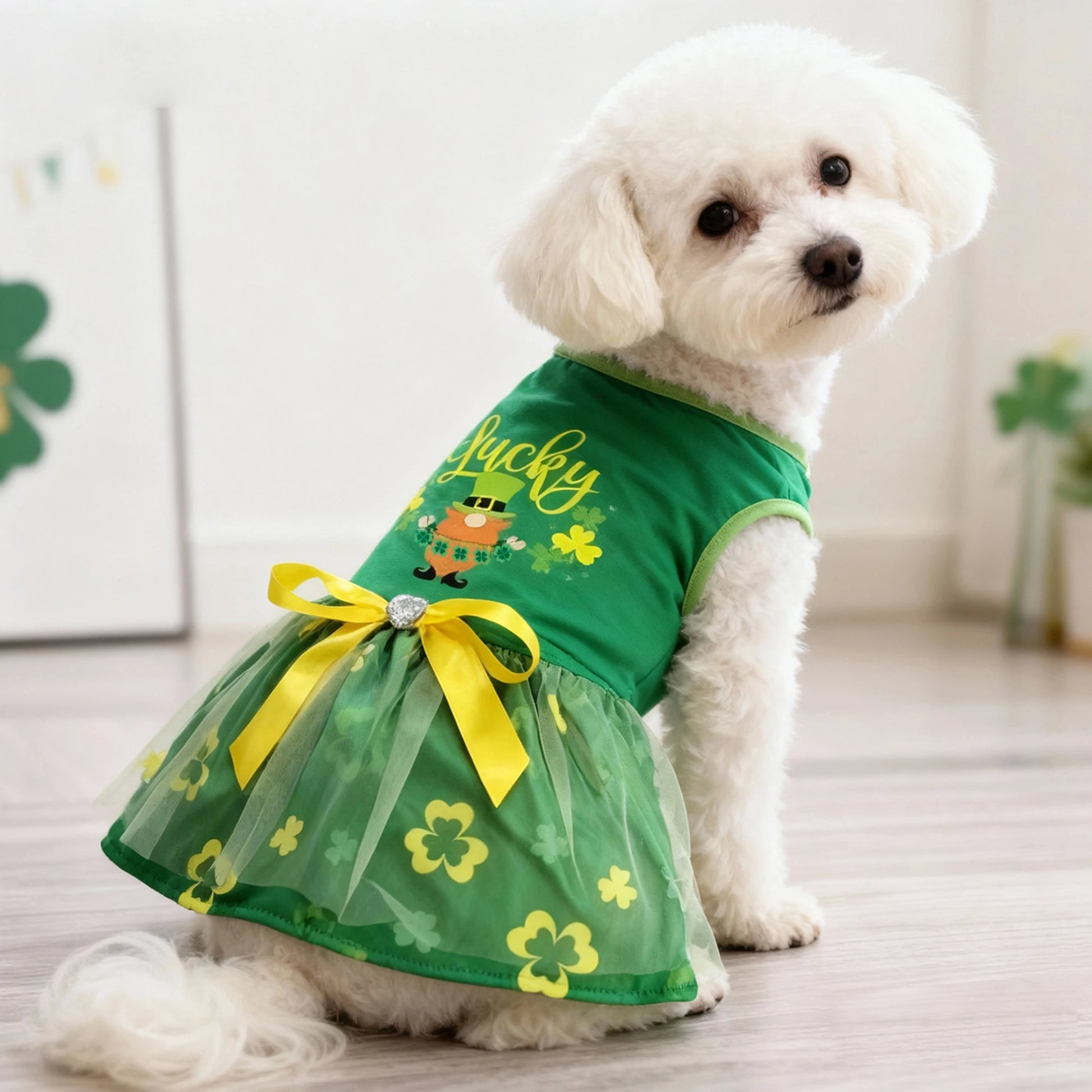 St Patrick s Day Green Dog Tutu Dress with Bow and Shamrock Print for Festive Party Celebrations and Events - Quick and EZ Shop
