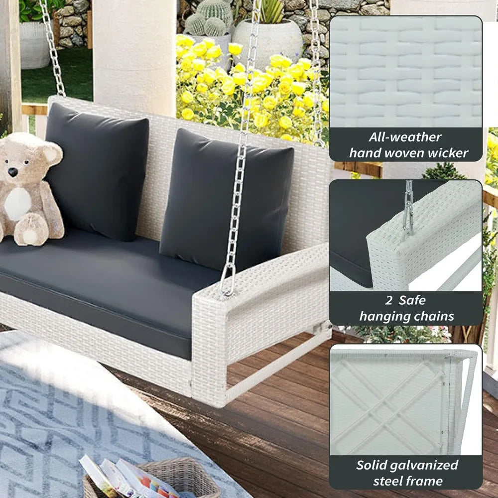 Porch Swing Loveseat, Outdoor Patio Furniture Rattan Wicker Swing Chair with Adjustable Chains, 2-Person Hanging Seat Porch