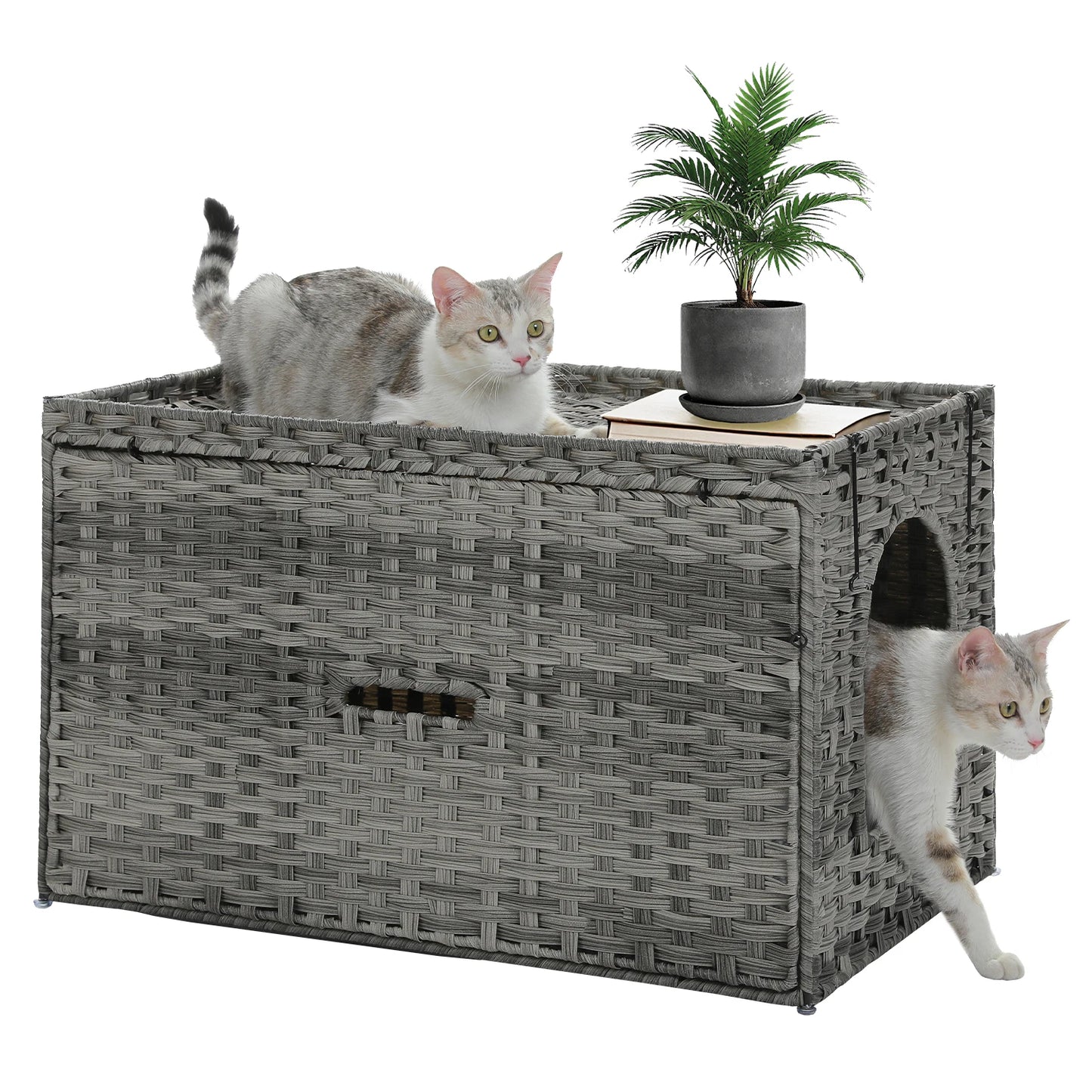 Rattan Cat Litter Box Enclosure with Taller Doorway and Flip-Up Design-More Space Raised Edge Mat-Cat House Cabinet Furniture