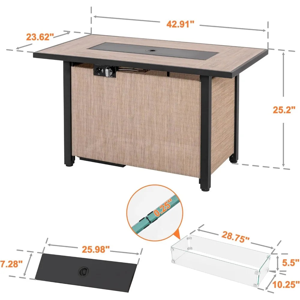 Nuu Garden 43" Propane Fire Pit, CSA-Listed Outdoor Fire Pit Table, 50000 BTU Gas FirePit with Lid, Glass Wind Guard, Glass Bead