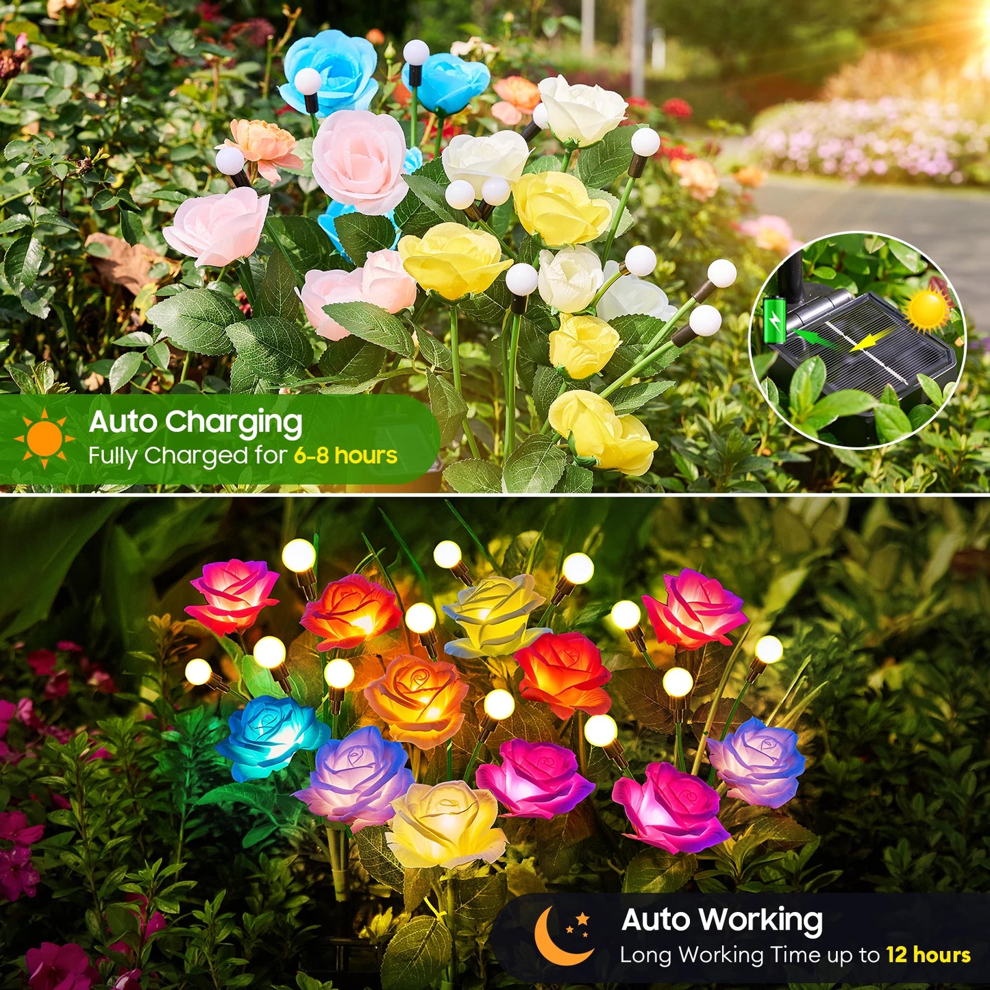 2/4 Pack Solar Rose & Firefly Swing Lights, 7-Color Changing Outdoor Solar Lights for Garden/Patio/Holiday Decor & Gifts