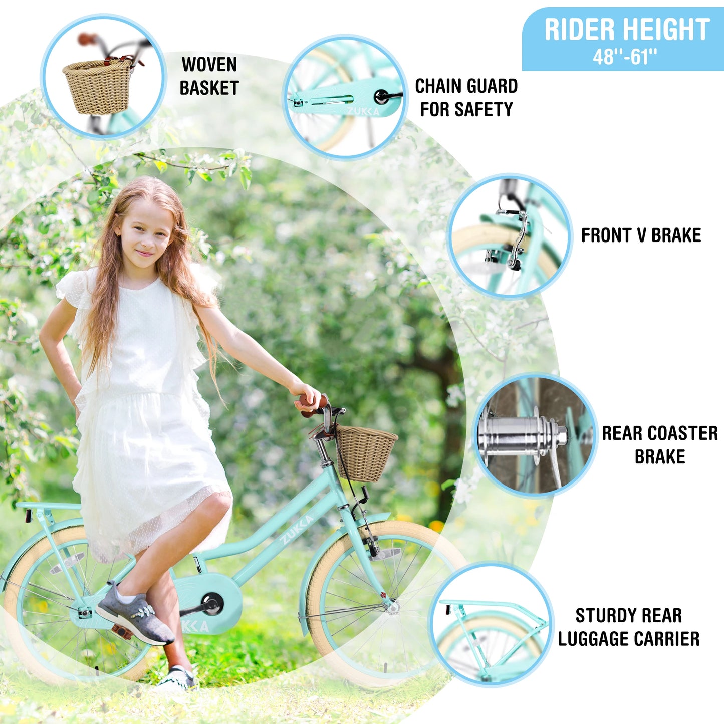 ZUKKA Green Pink White 20 Inch Bicycle for Children With Woven Basket Kids Bike for Girls For 7-10 years Old