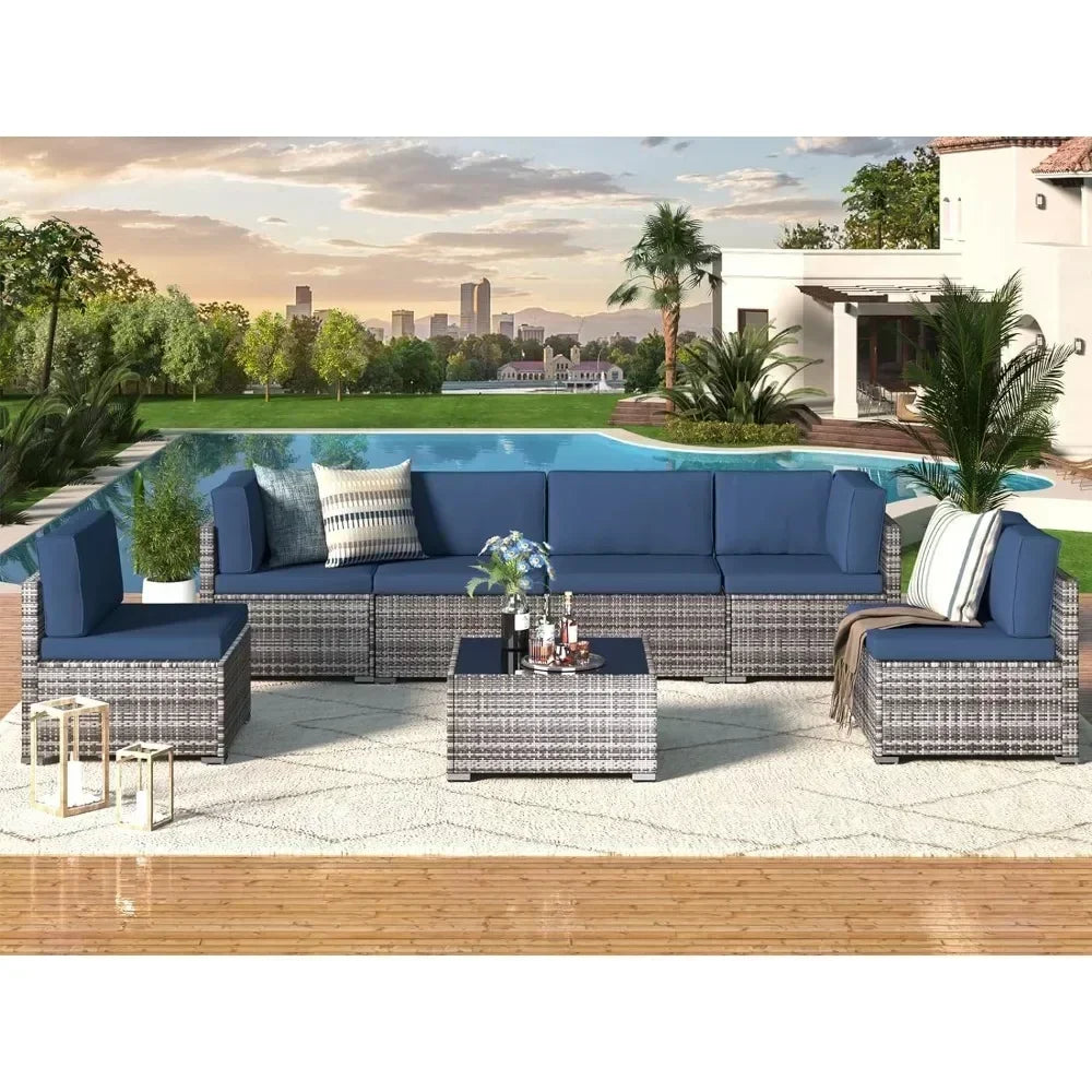 Garden Sofas Rattan Wicker Furniture, Outdoor Sectional Furniture Chair Set with Cushions and Tea Table, Grey Garden Sofas