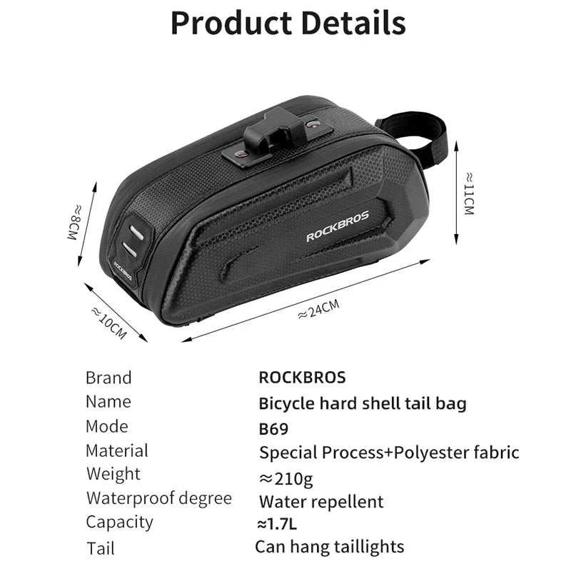 ROCKBROS Bicycle Bag 1.7L Waterproof Saddle Bag Large Capatity Quick Release Seatpost Shockproof Double Zipper Bag Accessories