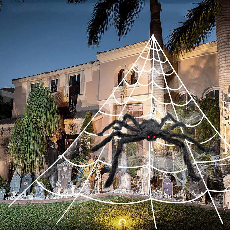 5m Spider Web 1.5m Big Plush Spider Decoration Furry Spider Set Outdoor Garden Courtyard Party Ornament Accessories Toys