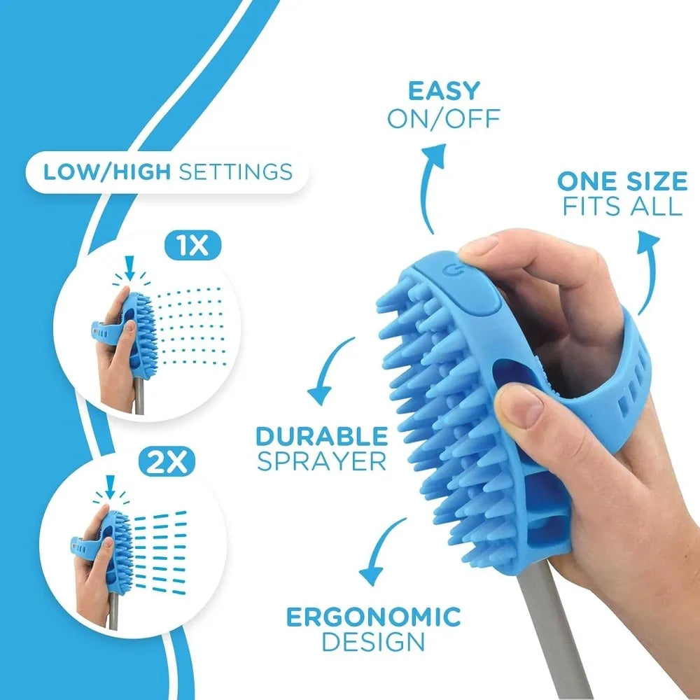 Pet bath tool - large sprayer and scrubber in one - suitable for indoor showers or outdoor garden hoses